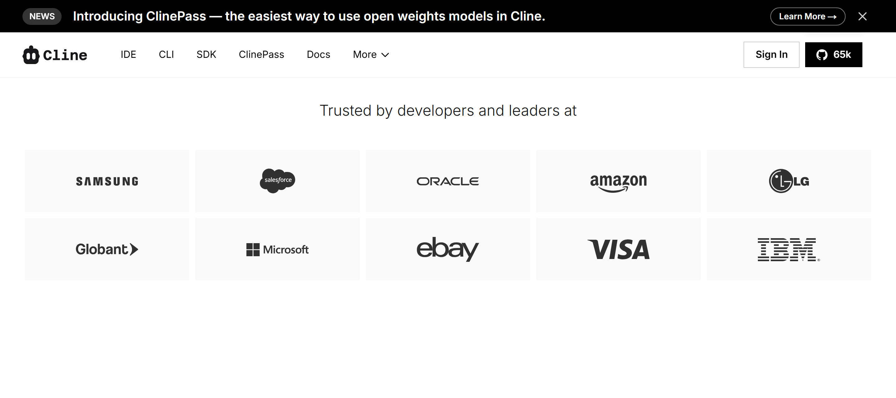 Сайт cline.bot: версии для IDE и терминала, проекту доверяют разработчики Samsung, Microsoft, Visa и IBM