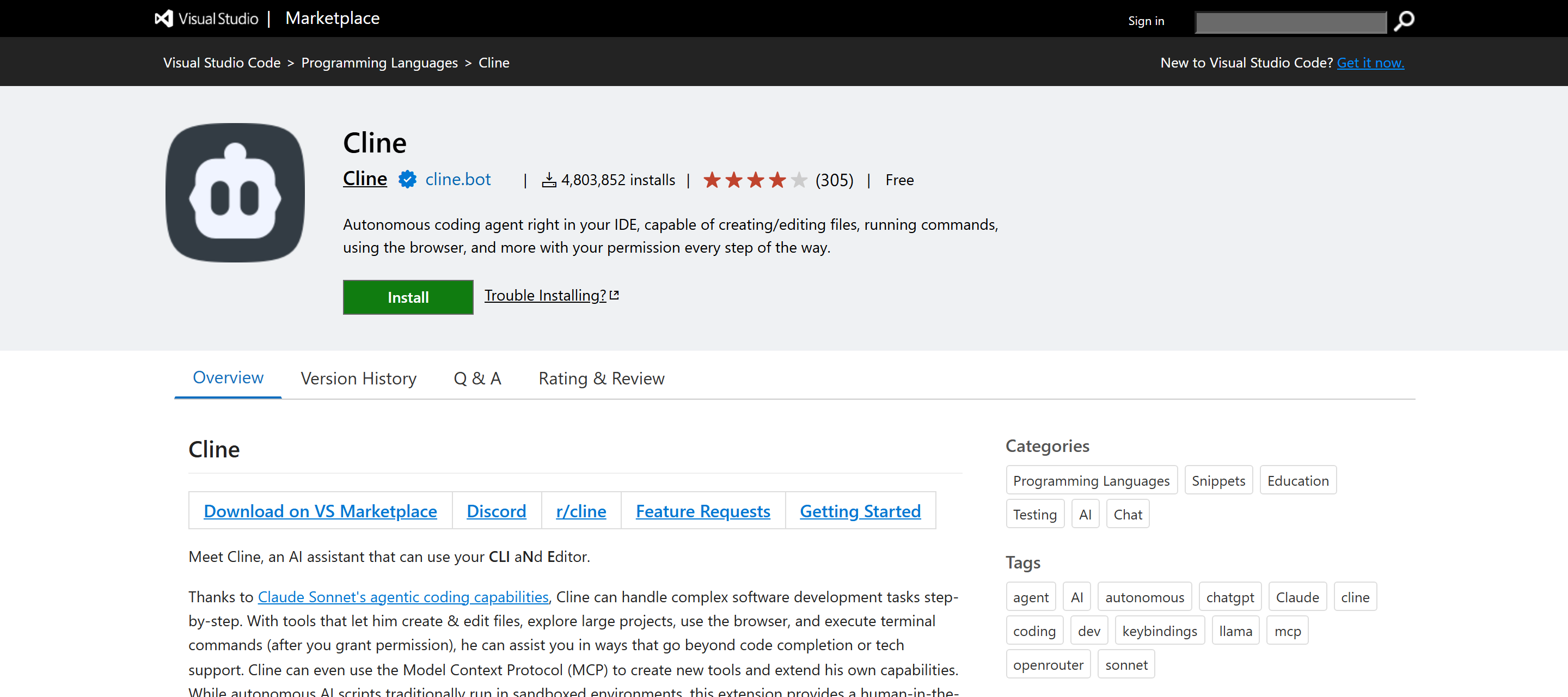 Официальная карточка Cline в VS Code Marketplace: издатель Cline (saoudrizwan), 4,8 млн установок
