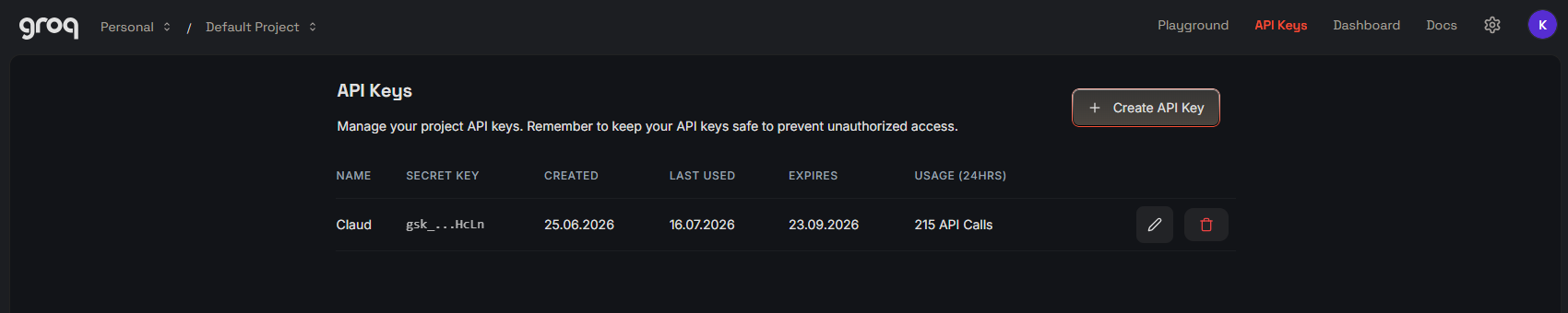 The API Keys section in the Groq console — key list and the Create API Key button