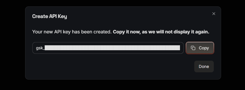 A freshly created Groq API key — the console shows it in full only once