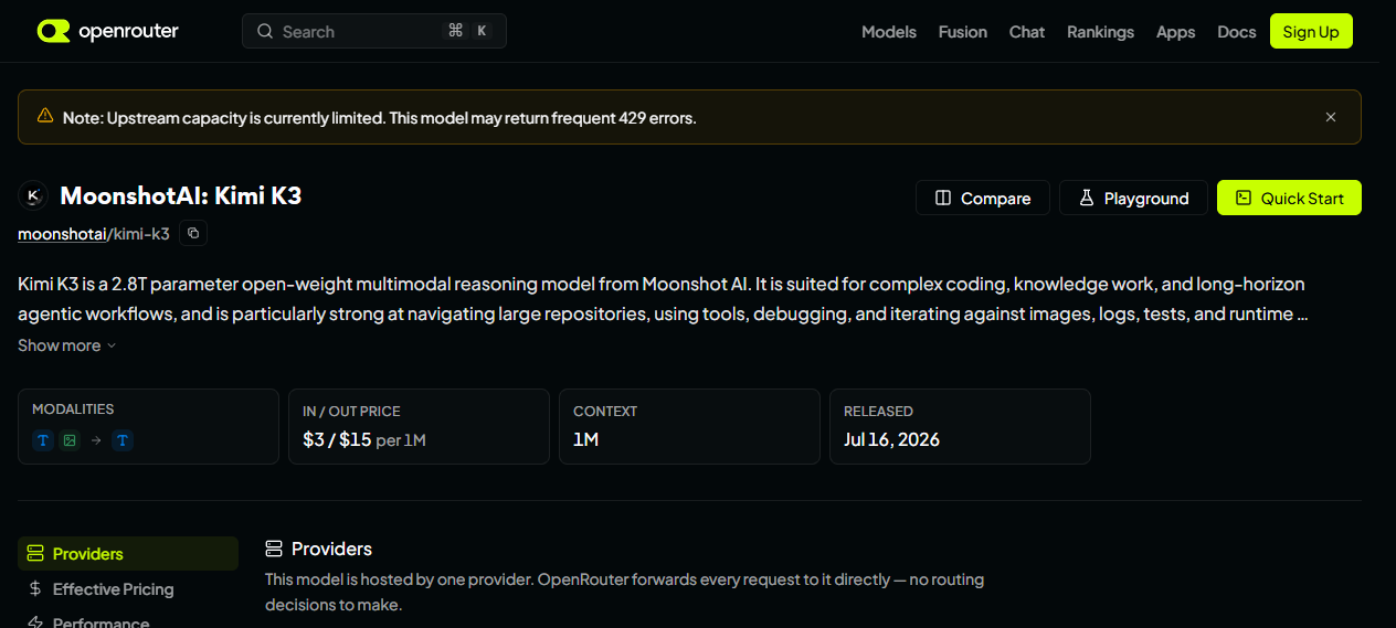 Kimi K3 on OpenRouter: $3 and $15 per million tokens, 1M context, released July 16, 2026